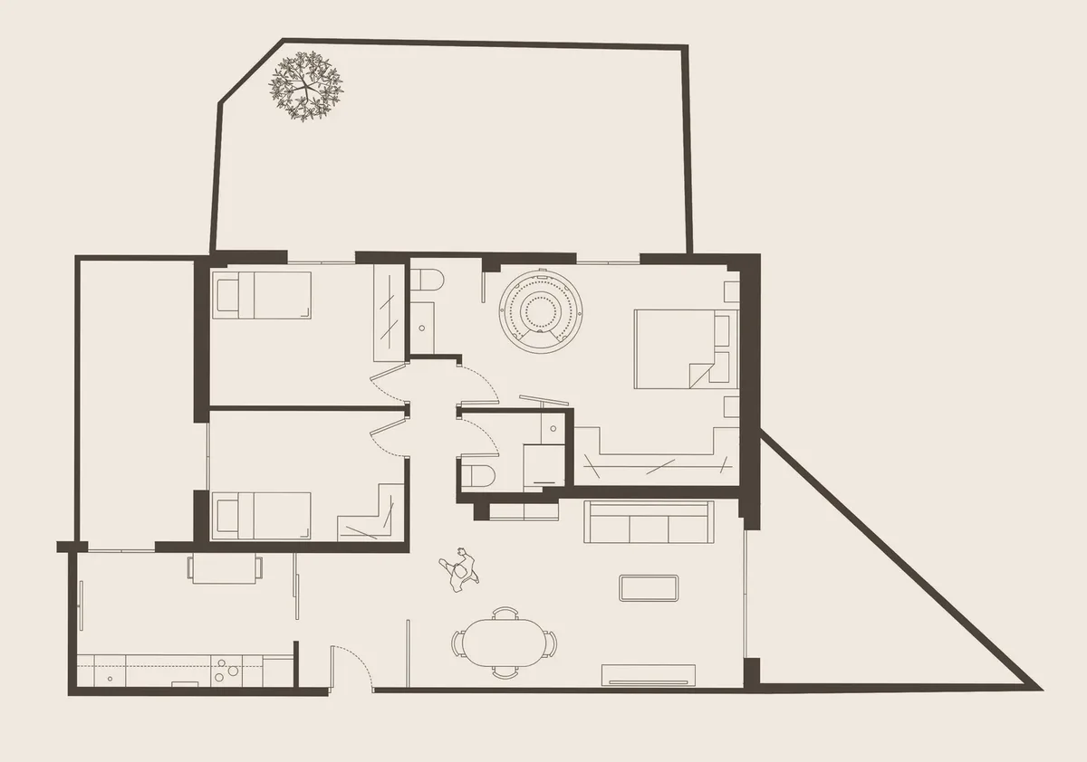 Plano de la vivienda después de la reforma: cocina, comedor y salón en una sola estancia, suite principal con vestidor, dos dormitorios y dos baños